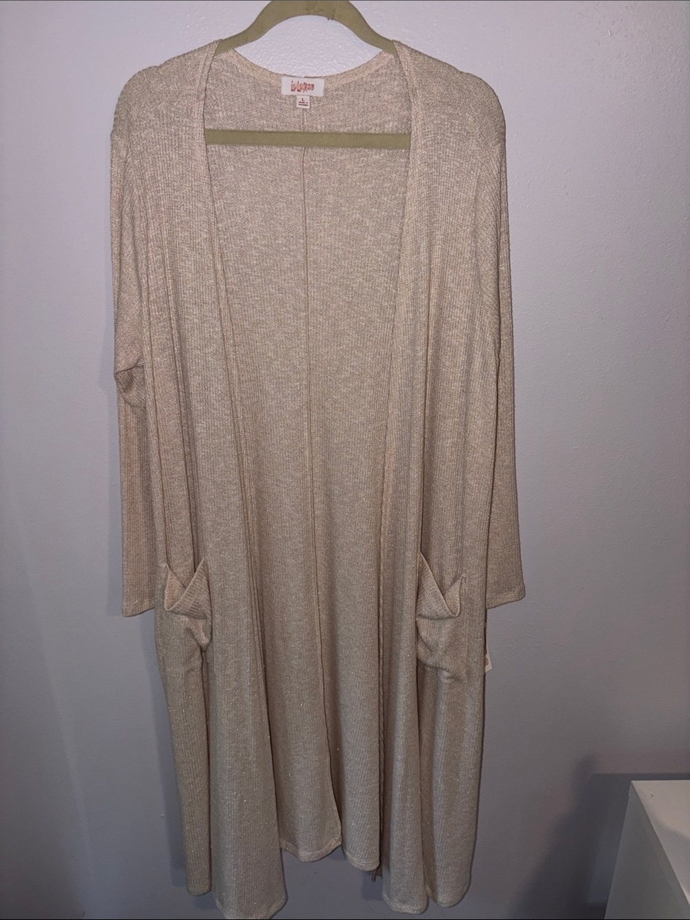 LuLaRoe “Sarah” Light Cream & Gold Open-Front Duster, sz L